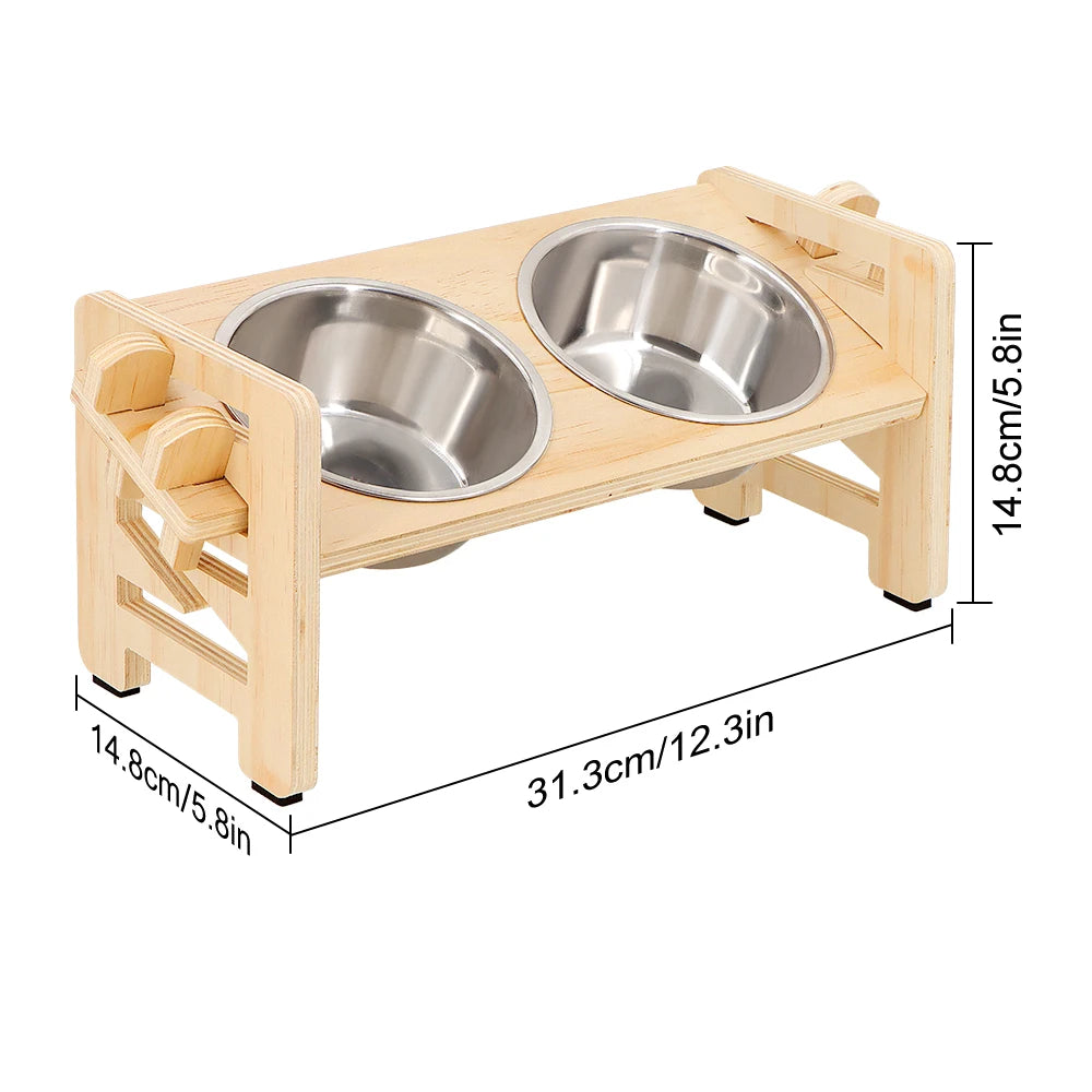 Elevated Wooden Cat & Small Dog Feeder with 2 Steel Bowls