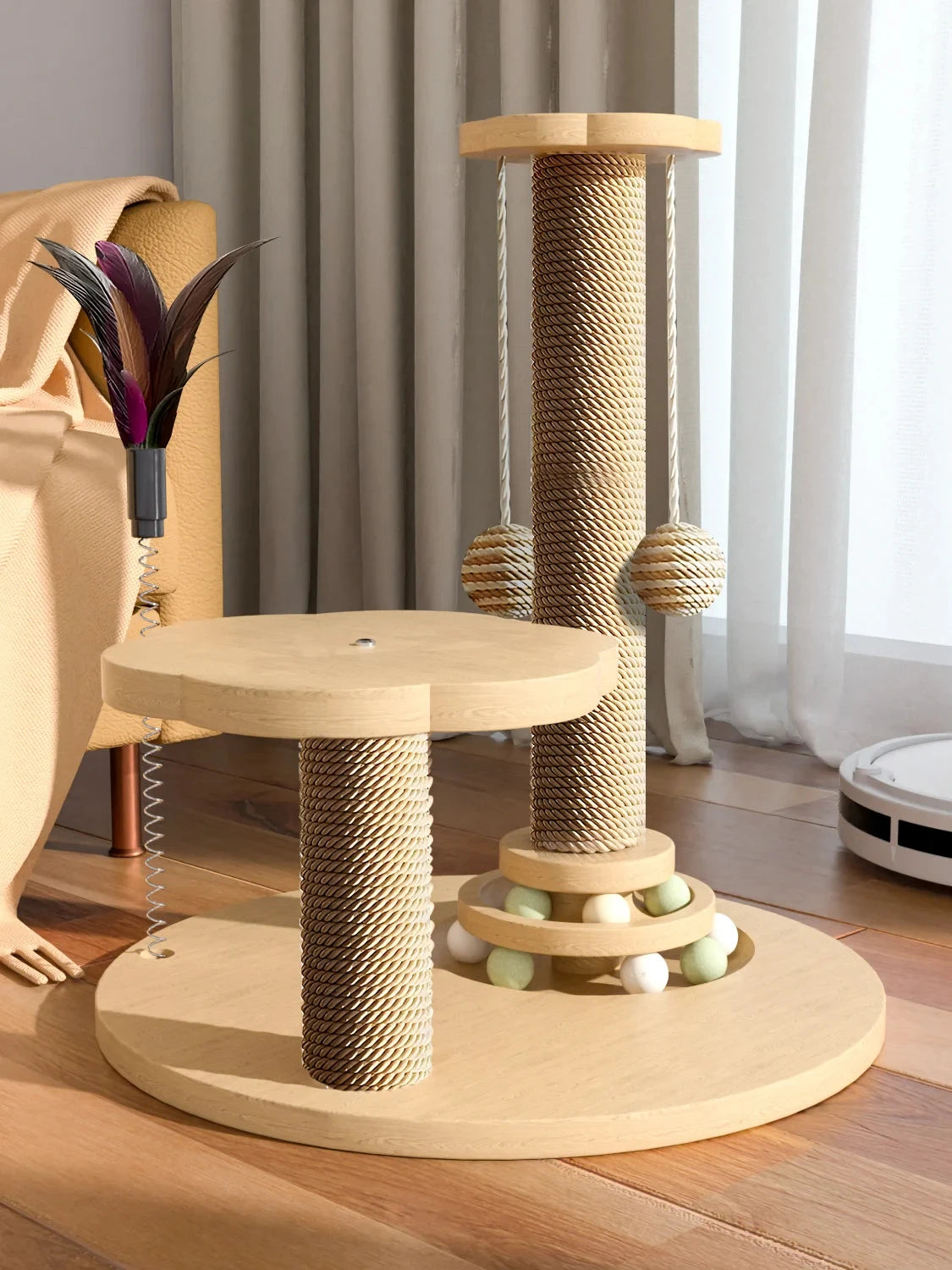 Durable Sisal Cat Scratch Post with Toy – Debris-Free & Wear-Resistant