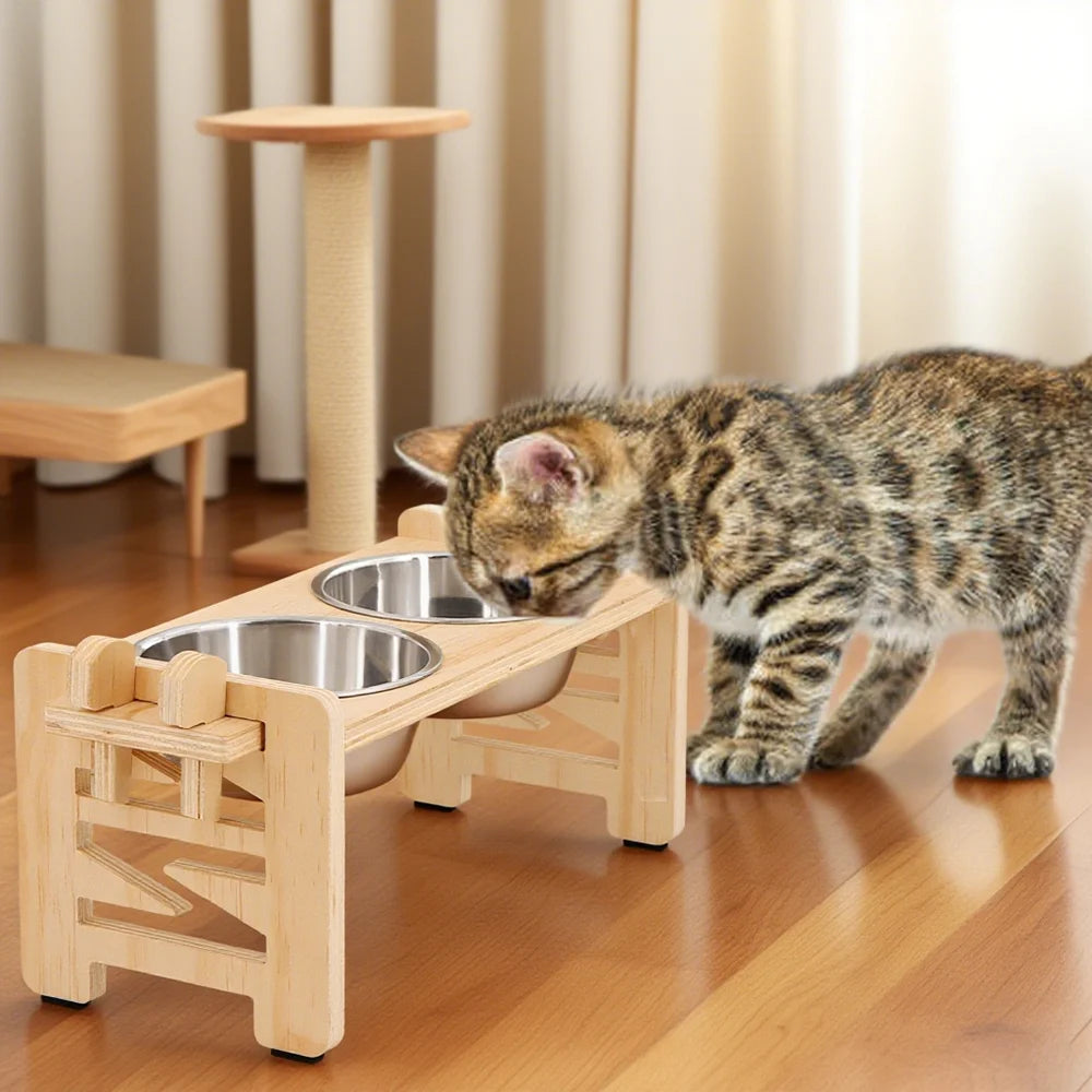 Elevated Wooden Cat & Small Dog Feeder with 2 Steel Bowls