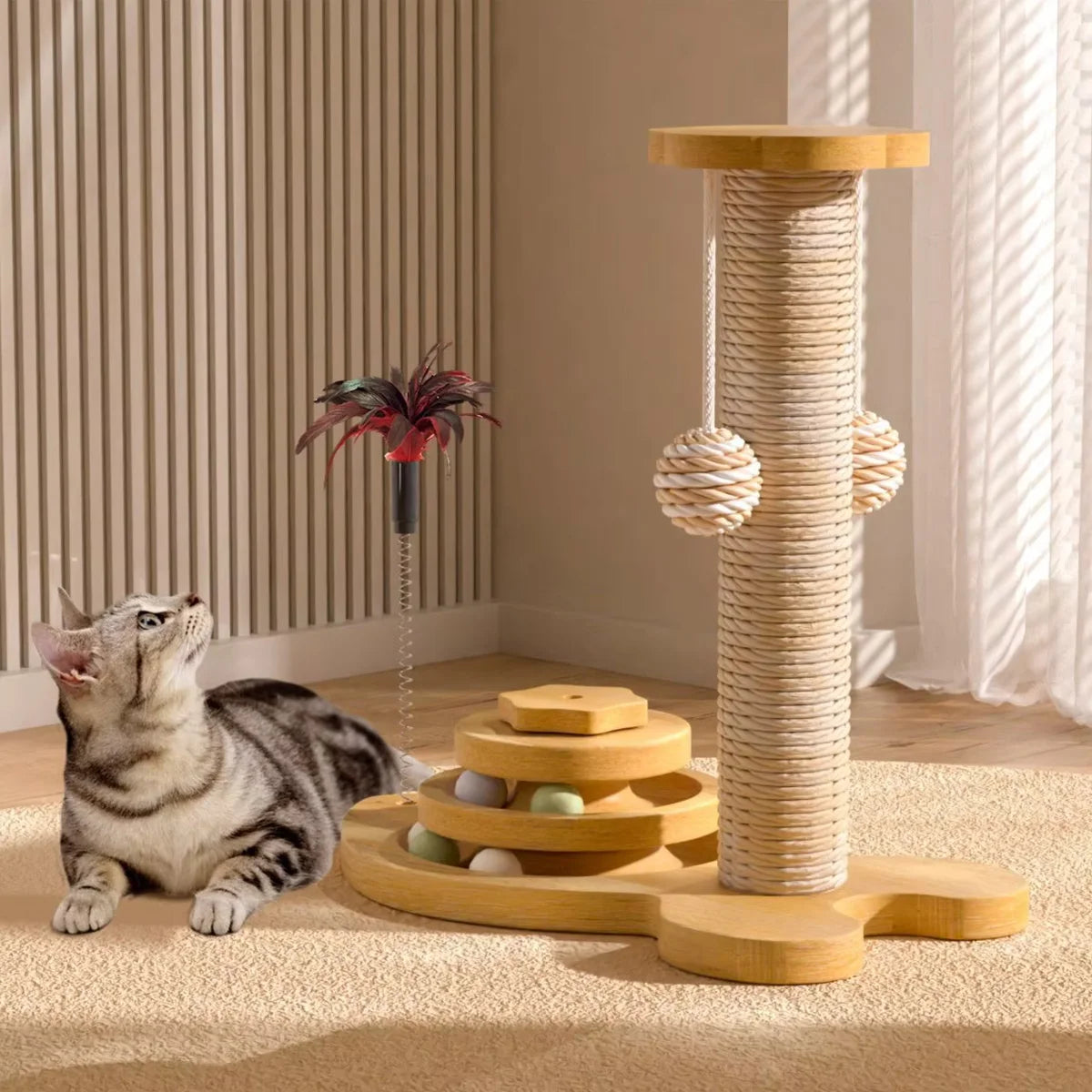 Durable Sisal Cat Scratch Post with Toy – Debris-Free & Wear-Resistant