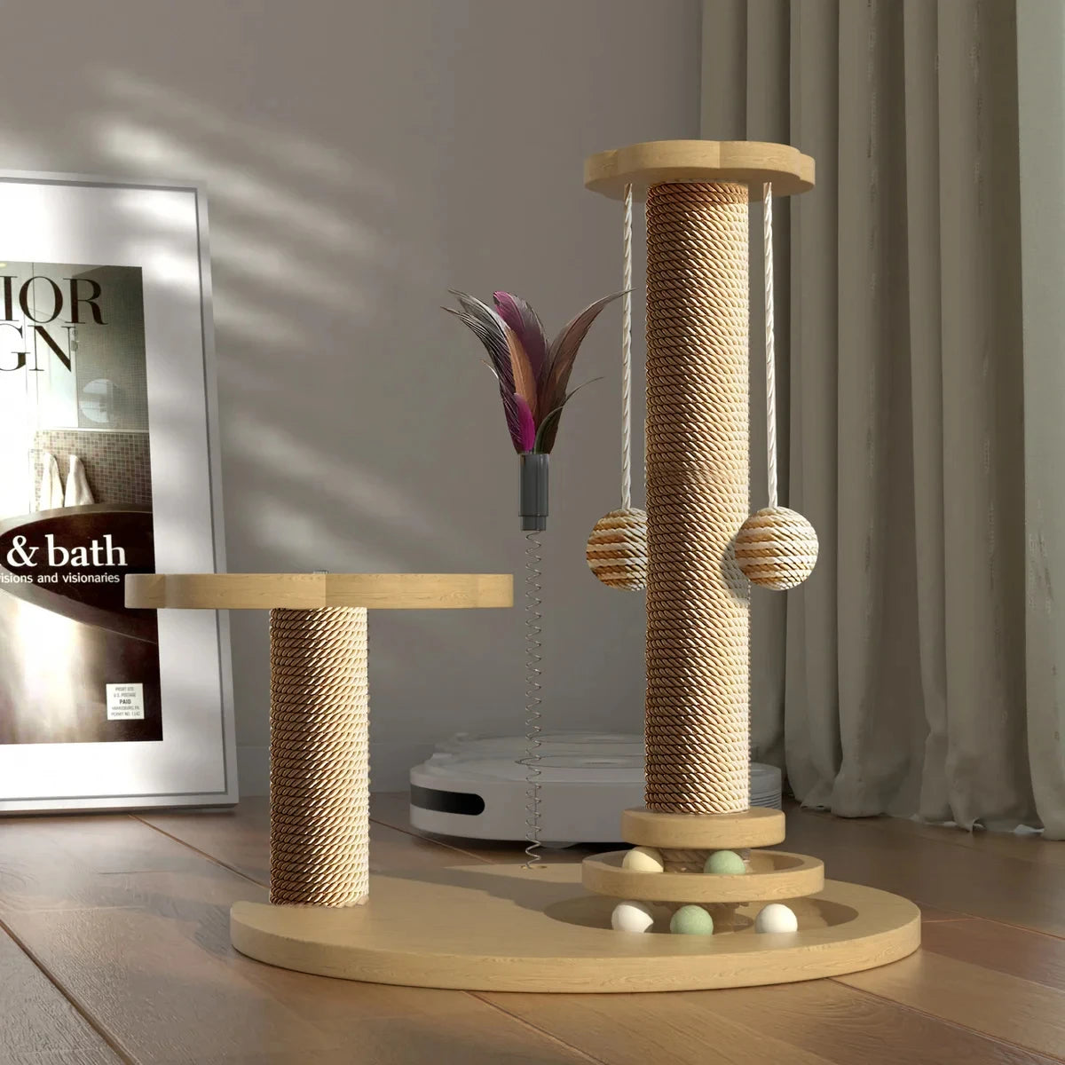 Durable Sisal Cat Scratch Post with Toy – Debris-Free & Wear-Resistant