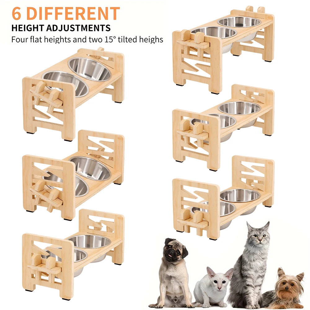 Elevated Wooden Cat & Small Dog Feeder with 2 Steel Bowls