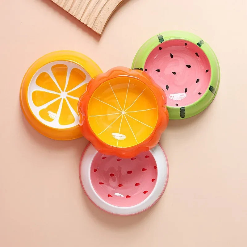 4 Cute Ceramic Pet Bowls – Watermelon & Strawberry Shapes, Colorful Food & Water Bowls for Cats & Small Dogs