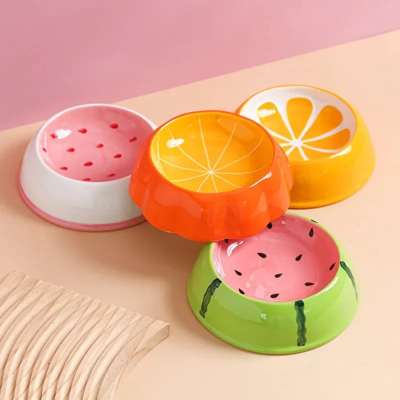 4 Cute Ceramic Pet Bowls – Watermelon & Strawberry Shapes, Colorful Food & Water Bowls for Cats & Small Dogs