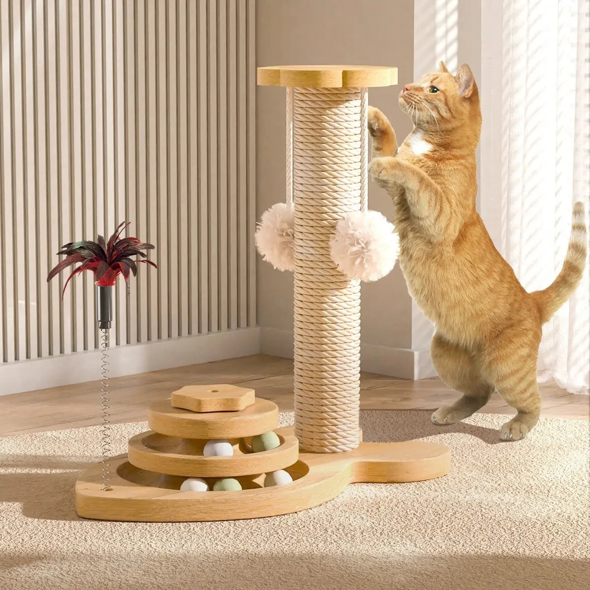 Durable Sisal Cat Scratch Post with Toy – Debris-Free & Wear-Resistant
