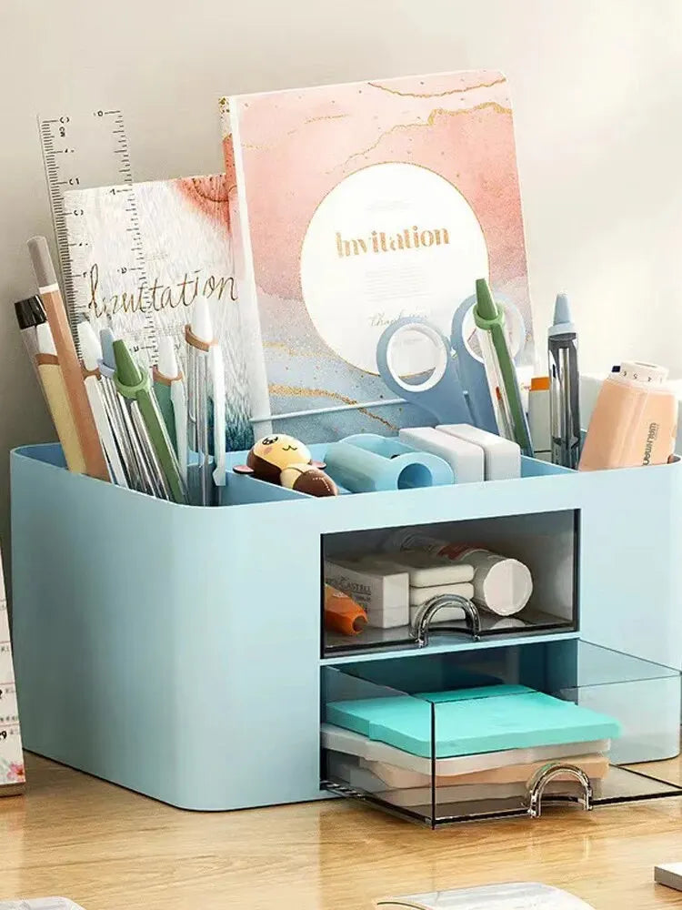 Multi-Functional Pen Organizer with 2 Drawers – Desktop Storage Box for Office, Study, or Vanity Table