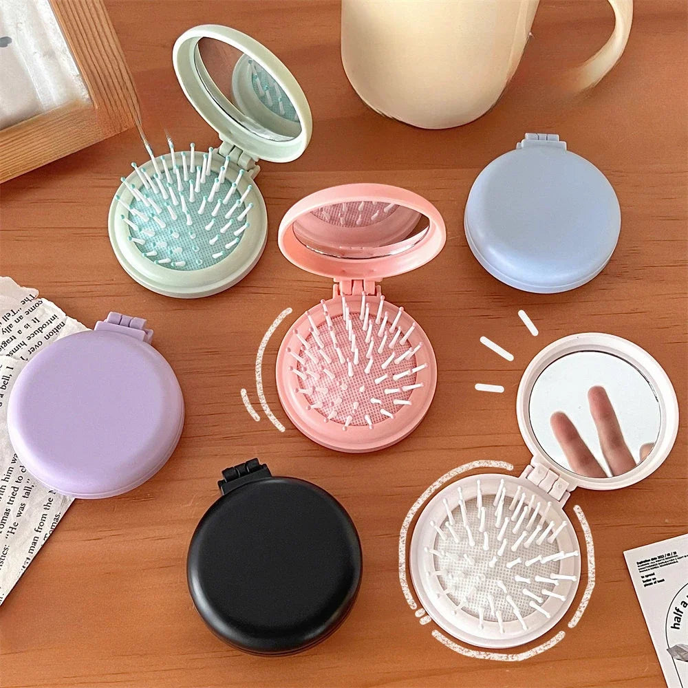 Portable Folding Hair Comb with Mirror – Compact Air Cushion Brush for Women & Girls