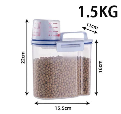 Airtight Pet Food Storage Container – 1.5kg/2kg Measuring Cup Bin for Dogs & Cats, Moisture-Proof Plastic Pail